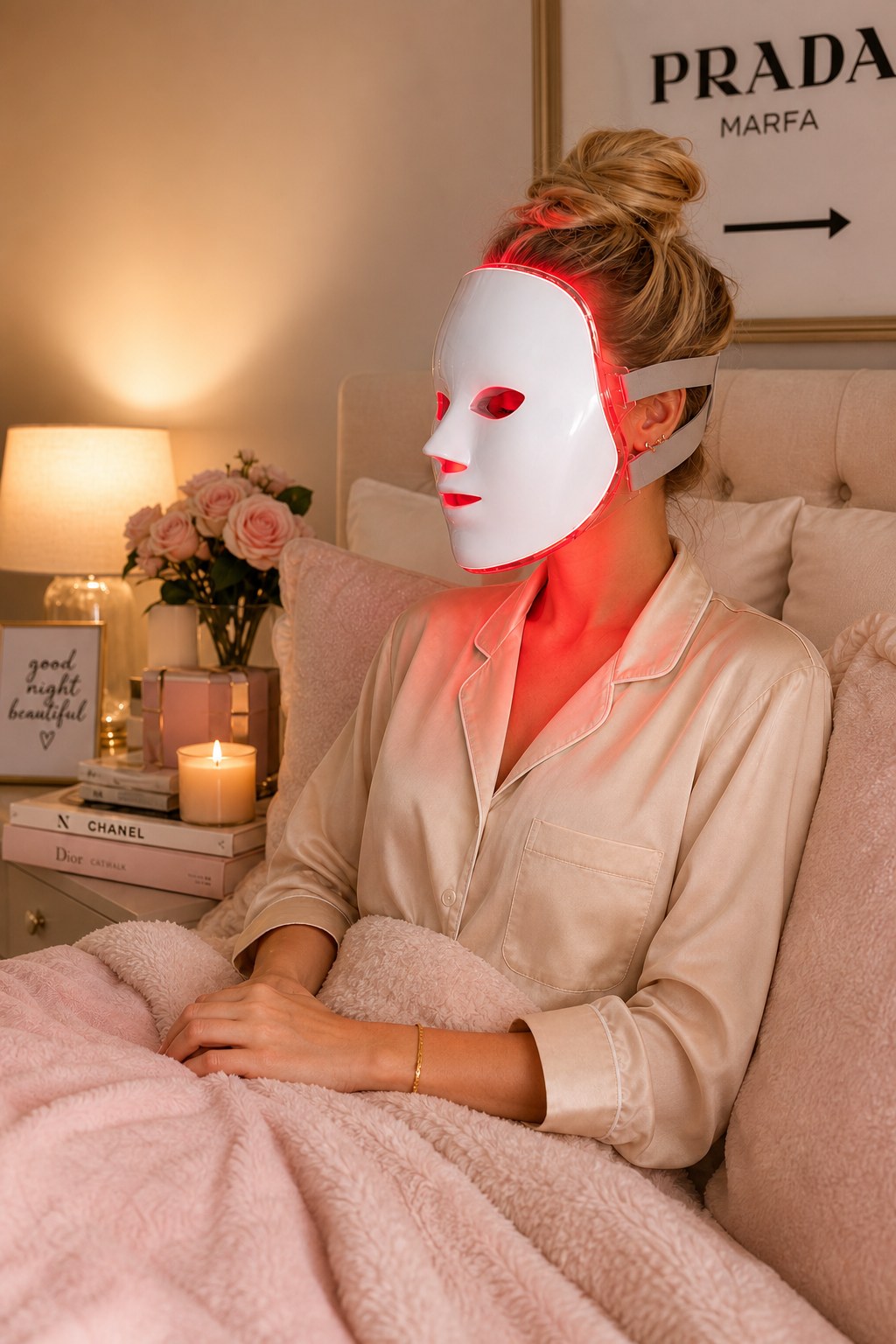 Woman using an LED light-therapy mask in a calm bedroom